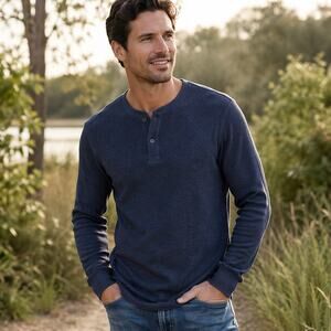 Mens Thermal Henley Navy Blue Long Sleeve Waffle Knit Small NWT